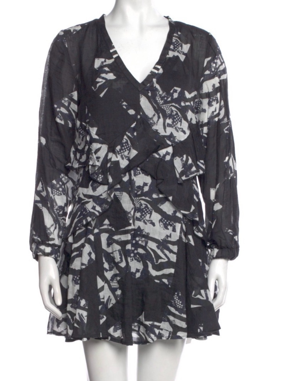 IRO  size 34 Black & White Abstract V-Neck Ruffle Dress Parisian chic luxury